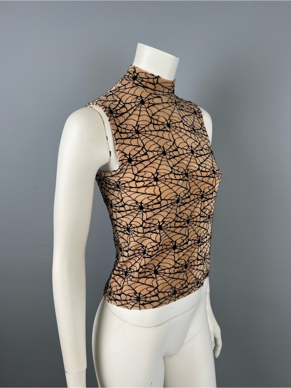 Vintage Zig Zag Sleeveless Mock Neck Mesh Top in Tan and Black Spiderweb Pattern